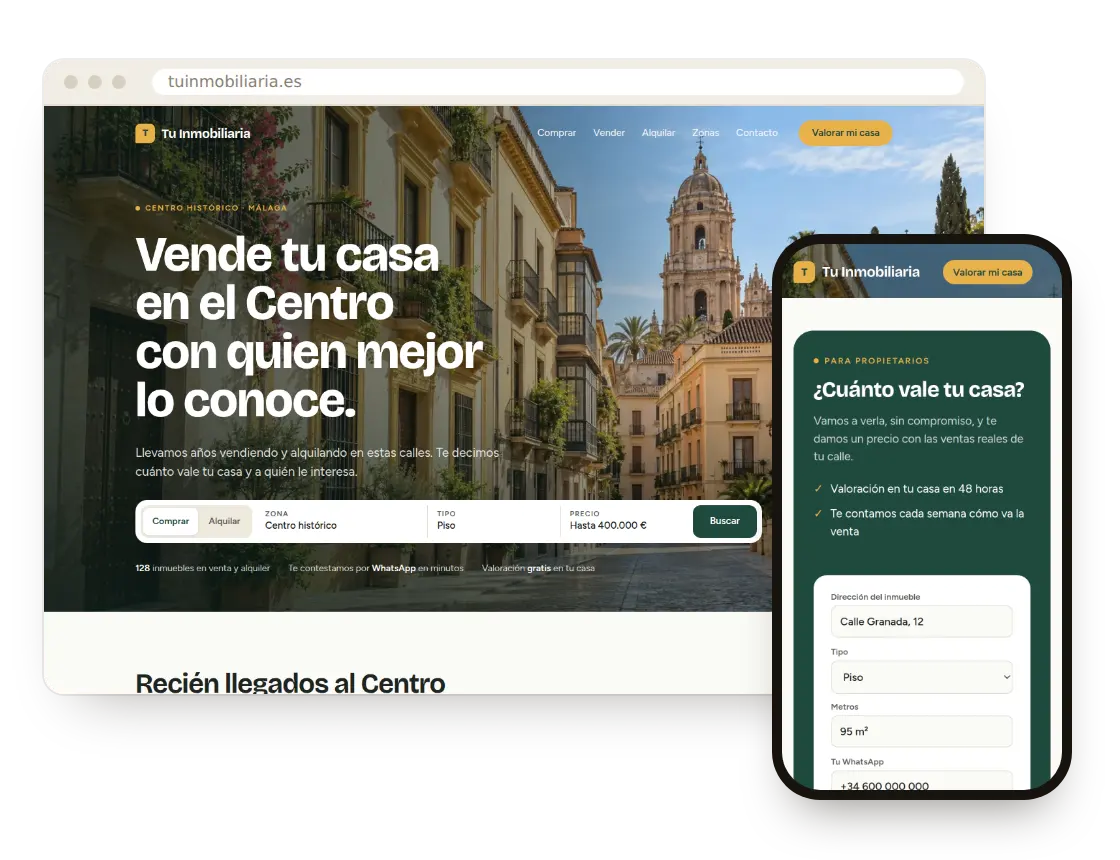 Portada de una web inmobiliaria de ejemplo en escritorio y en móvil, con buscador de inmuebles y bloque de valoración